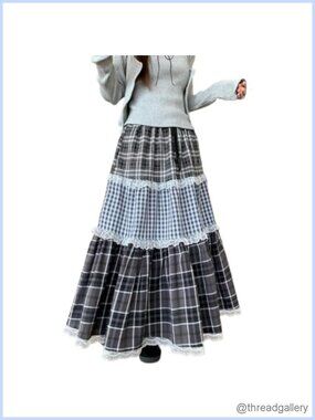 Plaid Maxi Skirt Lace Trim Ruffle Flared A-Line Elastic Waist